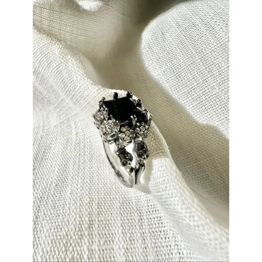 Black Onyx cubic zirconia Halloween skull cocktail ring